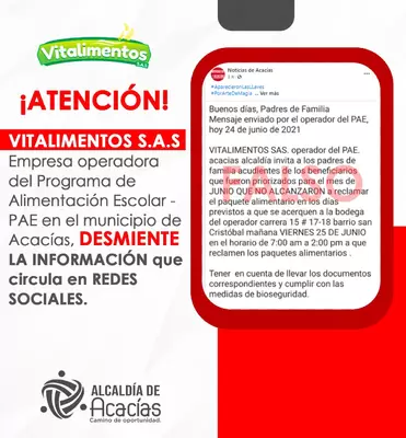 VITAALIMENTOS S.A.S DESMIENTE Información Publicada en Redes Sociales